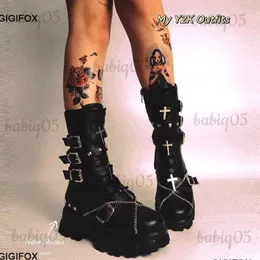 Stövlar gigifox fashionabla trendiga svarta vita gotiska plattformar spännen kedjor punk strid motorcykel stövlar skor för kvinnor 2022 T231121