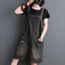 Casual Dresses #2120 Black Blue Denim Dress Women Front Tickets Vintage Spaghetti Strap Female Loose Overalls Jeans Retro