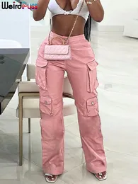 Jeans femininos estranho puss faux calças de carga de couro mulheres bolso casual hipster hip hop calças de perna reta selvagem streetwear básico slim bottoms 231121