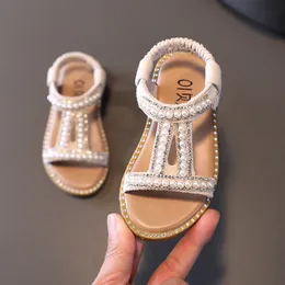Sandaler flickor sandaler barn sommar romerska skor elegant pärla party prinsessor sko lägenheter icke-halk casual girl strand sandal 230420