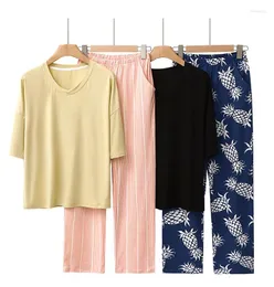 Pijamas femininos fdfklak modal pijama mujer femme solto pijamas terno feminino casual homewear calças florais manga curta conjunto de pijamas