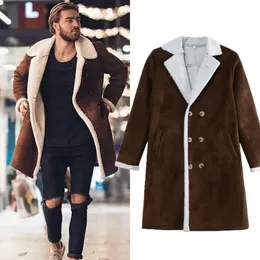 Mens Wool Blends Fashion Men Fur Fleece Brown Color Trench Coat Overcoat Lapel Warm Fluffy Jacket Outerwear Male Boy 231120