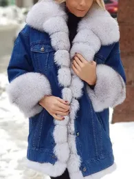 여자 모피 가짜 두꺼운 데님 재킷 가을 윈터 풀 슬리브 파카 목걸이 버튼 포켓 코트 231121
