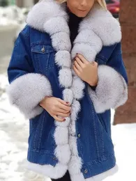 Womens Fur Faux Thick Denim Jacket AutumnWinter Full Sleeve Parka Necklace Button Pocket Coat 231121