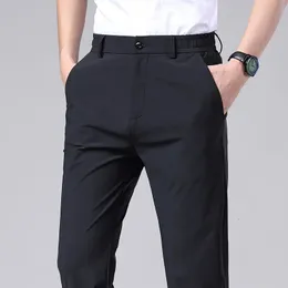 Mensbyxor Summer Casual Pants For Mens Thin Business Elastic Slim Fiting Midje Jogger Korean Classic Black Grey Blue Style 231121