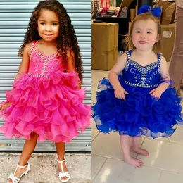 Glitz Cupcake Pageant Dress for Little Girl 2023 Crystal Ruffle Kid Birthday Cocktail Rising Star On-Stage Formal Event Party Gown Infant Toddler Knee Length Fuchsia