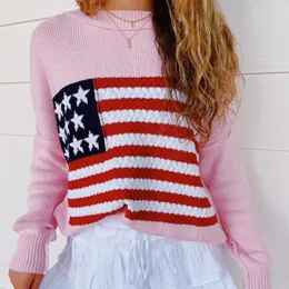 Women's Sweaters Vintage Women's Flag Sweater Casual Long sleeved Crew Neckline Knitted Flower Top American Graphic Y2K Vintage T-shirt 231121