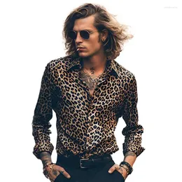 남성용 캐주얼 셔츠 Oldyanup 디스코 나이트 클럽 셔츠 남자 표범 인쇄 긴 슬리브 봄 가을 패션 빈티지 탑 남성 의류 스트리트웨어