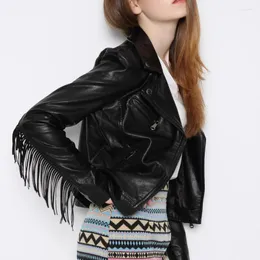 Kadınlar deri sonbahar kış güzel moda kadınlar kısa tasarım markası motosiklet ceket ince püskül ceket siyah katlar