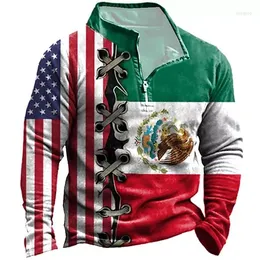 Męska flaga Polos Meksykańska koszulka polo z długim rękawem Mężczyźni zamykają się w bluzę pullover pół mexico płaszcz z bluzą z kapturem sport