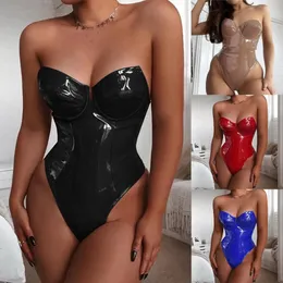 Womens TShirt Drop Plus Size Bodysuit Women Fashion Solid Color Patent Leather Corset Jumpsuit Sexy Lingerie Party Bar Tempting 230420