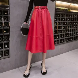 Skirts 2023 Women Autumn Winter PU Pleated Leather Skirt Lady Sashes High Waist Mid-long Female Casual Single Breasted F73