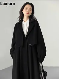 Women's Wool Blends Lautaro Autumn Winter Long Flowy Luxury Vintage Black Warm Thick Woolen Coat Women Designer Fake 2 Pieces Clothes 2023 231120