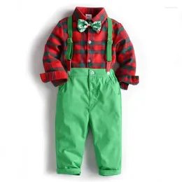 Kläder sätter långärmad formella kostymer för små barn småbarnskläder plädskjorta byxband 3 st/set spädbarn barn juldräkt