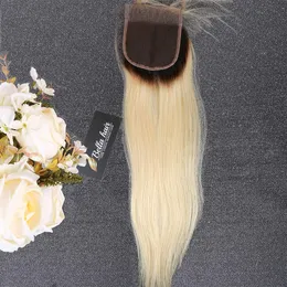 Bella Hair jedwabisty proste 1b/613 ciemne korzenie blond koronkowe zamknięcie Remy Virgin Human Hair Closure kawałek wolny część Ombre Blondynka Dwie -Ston Lace zamknięcia