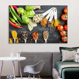 Przyprawy łyżka papryka płócienna malowanie ziarna plakaty kuchenne i grafiki ścienne żywność zdjęcie salon dekoracja kuchenna