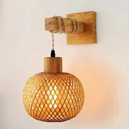 Wall Lamp Retro Japanese Bamboo Woven Bedside Dining Room Rattan Bedroom Farmhouse Rural Indoor Background