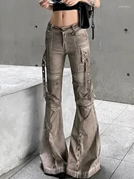 Женские джинсы, женские расклешенные брюки с заклепками и лентой, джинсовые брюки Y2k Harajuku с небольшим карманом-карго, расклешенный низ, панк, готический гранж