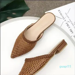 NIUFUNI Women Pointed Toe Low Heel Slide Sandals Summer Slippers Cane Woven Beach Shoes Woman Mule Flat Sandals Y2004237768286