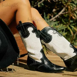 Boots Western Cowboy Women Long Boots Vintage Brand Design Chunky Heels Embroider Cowgirl Mid Calf Boots Walk Comfy Retro Shoes Woman T231121