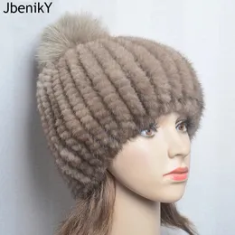 Beanieskull Caps 럭셔리 레이디 리얼 밍크 모자 모자 폼 폼 두꺼운 따뜻한 모자 여자 겨울 니트 비니 모자 231120