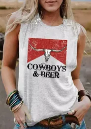 Maglietta da donna Vintage Canotte da donna Top Western Cowgirl Camicie senza maniche Estate Cowboy Beer Steer Skull Graphic Tee Top Vest 230420