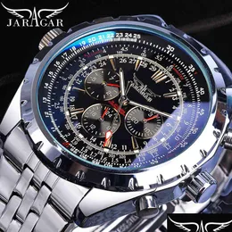 손목 시계 Jaragar Blue Glass Design Black Sier Matic Watch 스테인레스 스틸 날짜 시계 빛나는 남자 사업 기계 WR DHGARDEN OTJ21