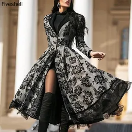 Women's Trench Coat's Dress Autumn Winter Coat Long Sleeve Medieval Lace Stitching Jacket Slim and Elegant Black Dresses 230421