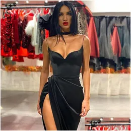 Casual Dresses Spaghetti Straps Black Y Backless Midi Gown Party Club Sleeveless Bodycon Split Dress Vestidos Solid Drop Delivery Ap Dhntc