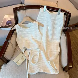 Two Piece Dress Tanks Tops Camis Crop O Neck Lace Up Blouse Sleeveless T Shirt A Line White Skirts Knitting Two Piece Sets Slim Spring Wild 230421