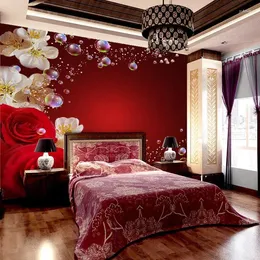 Tapeten Großhandel Blumenwandbild 3d / 5d / 8D Wand für Hochzeitszimmer Rote Rose und Pfirsichblüten Wandbilder Hintergrund Wandverkleidungen