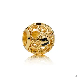 Gold plated Bee Round Charm for Pandora Real Sterling Silver Snake Chain Bracelet Making Charms Women Girls Bangle Jewelry Findings Beads with Original Box Set