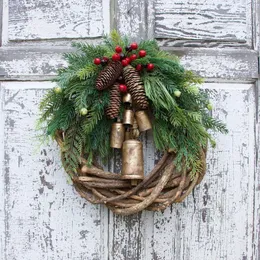 Christmas Decorations Rustic Wreath Rattan Pine Cone Garland Farmhouse Decoration With Bell Front Door Decor Hanging Year Gift 220909