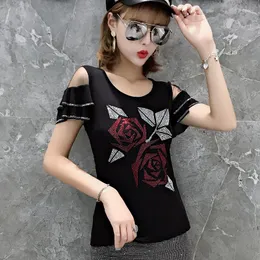 Camisetas femininas #7321 Mesh emendado Hollow Off Shirt Mulher Women With Diamonds Summer Summer Manga curta T-shirts