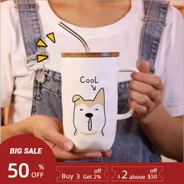 Mugs 600ML Large Capacity Ceramic Mug Coffee Cups With Lid And Straw Dog Design Teacup Handle Creative Gifts