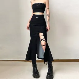 Saias Rimocy Black Gótico Split Split Mermaid Summer Punk Style Alta Long Women Women Harajuku Bandagem Midi feminino 230420