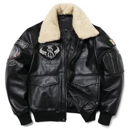 Mens couro falso gola de lã força aérea jaqueta de vôo natural casaco genuíno bordado jaquetas moda motocicleta pano 231120