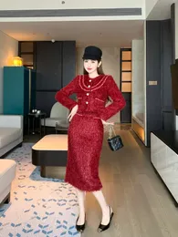 Christmas two-piece woolen fabric jacket, long skirt, studded decorative pockets, buttons, available in two colors to choose from