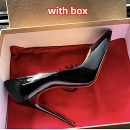 Designer-High-Heels-Schuhe, Markenpumps mit Box, rote, glänzende Unterseite, 8 cm, 10 cm, 12 cm, dünner Absatz, spitz, nackt, schwarzes Lackleder, luxuriöse Sokate-Damen-Hochzeitsschuhe, 34–44