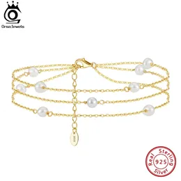 Anklets ORSA JEWELS Triple Layered Natural Pearls Anklet for Women 925 Sterling Silver Summer Vintage Foot Ankle Straps Jewelry SA52 231121