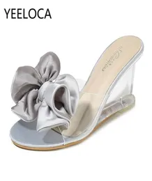 Yeeloca Womens High Heels Summer Wild Womens Sandals Simple Bowknot Клин прозрачные тапочки роскошные дизайнеры обуви Y2006288925742
