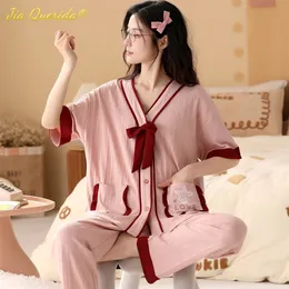 Damen-Nachtwäsche, modisch, Sommer-Pyjama, Damen, dünn, Homesuit, kurzärmelig, lange Hose, Baumwolle, Kawaii-Bär-Druck, Nachtwäsche, Strickjacke, Nachtwäsche 230421