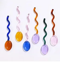 Creative Glass Milk Spoons Colored Transparent Coffee Dessert Stirring Spoon Long Handle Round Kitchen Tableware Stirrer