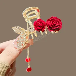 Trendy Elegant Rose Flower Fishtail Haarspange Diamant Haarspange Perle Quaste Clip Pferdeschwanz Klaue Haarschmuck für Frauen