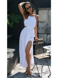 Abiti casual Foridol Senza maniche Cut Out Split Long Summer White Dress Elegante Holiday Spaghetti Strap Maxi Femme Vestidos Sundress 2023