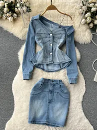 Peça Vestido Singiny Off Ombro Retro Mulheres Denim Conjuntos Ruffled Irregular Slim Topsshort Saias Moda Y2K Primavera Duas Peças Ternos 230421