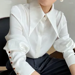 Women's Blouses 2023 Spring Elegant Satin Silk Blouse Women Vintage White Turn Down Collar Female Office Ladies Shirt Tops Blusas 16946