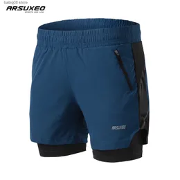 ヨガの衣装Arsuxeo Men Running Shorts 2 in 1 Gym Clothing Summer Sports Pants Fitness Yoga Exercising Joging BEARINGABLE BICYCLE SHONTS MALE T230421