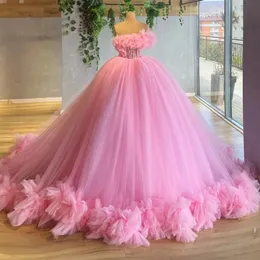 Baby Pink Tulle Formal Prom Dress 2024 Kvinnor One Shoulder Ruffles Ruched Flowers Pageant Evening Party Downs For Birthday Robe de Soriee