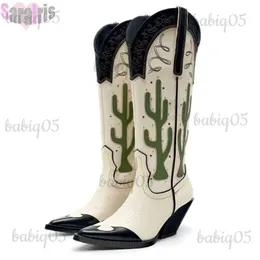 Buty zupełnie nowy projekt 2023 Western Cowboy Mid Calf Women Buty Chunky High Heels Cactus Vintage Cowgirl Long Boots Buty Retro Buty Woman T231121